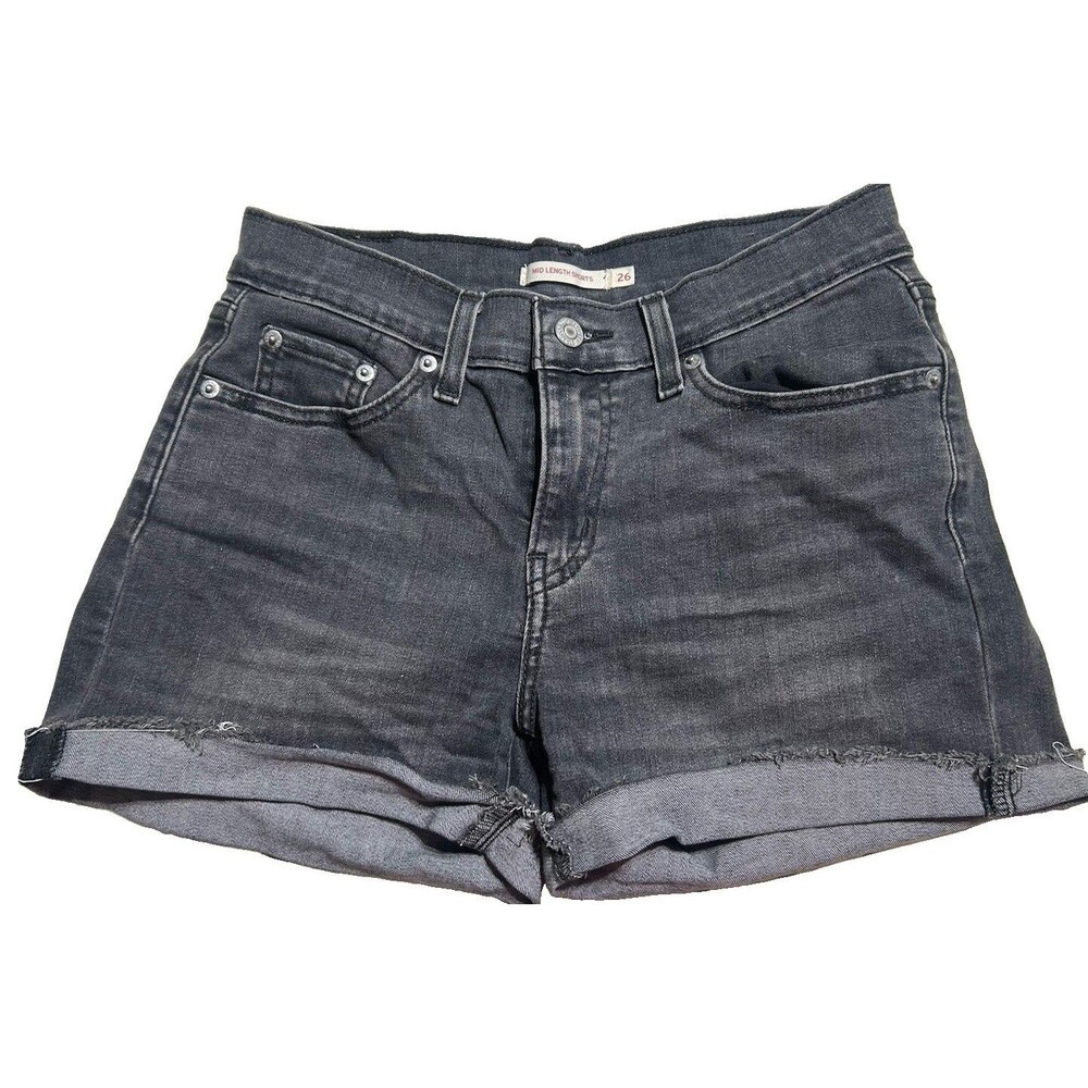 Levi's Mid Length Cut Off Shorts Womens 26 Black Denim Raw Hem Stretch Classic